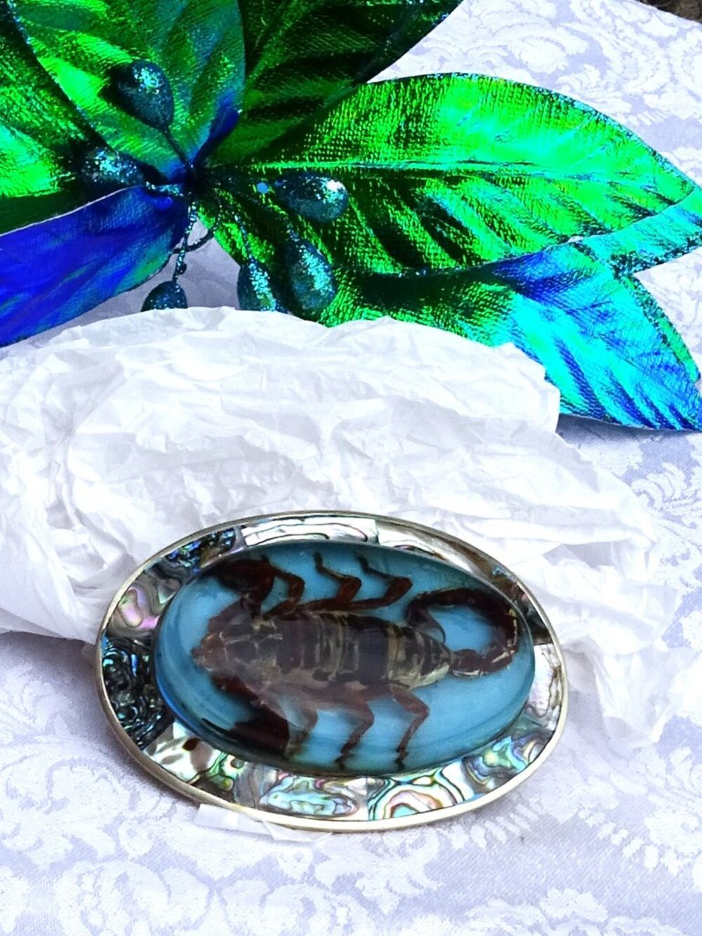 Large Oval Mexican 925 Sliver Scorpion and Abalone Belt Buckle 4" x 2 3/4"